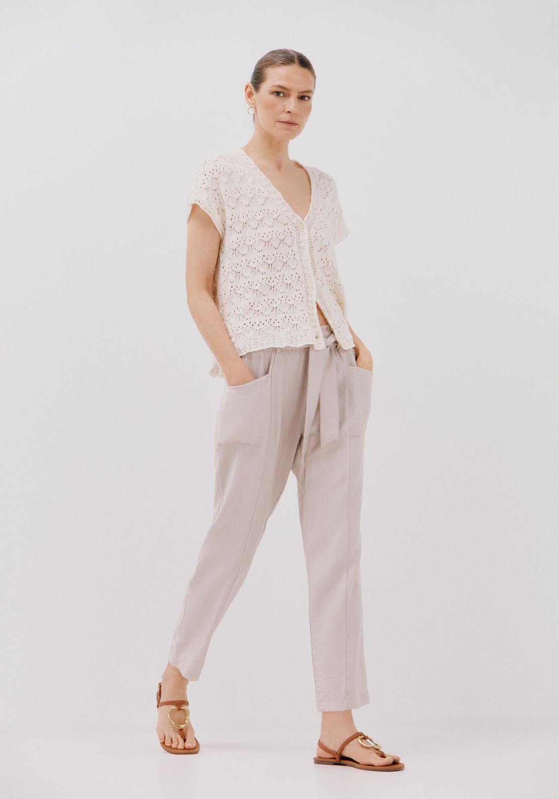 Cortefiel Fluid Belted Trousers - Beige 2 Shaws Department Stores