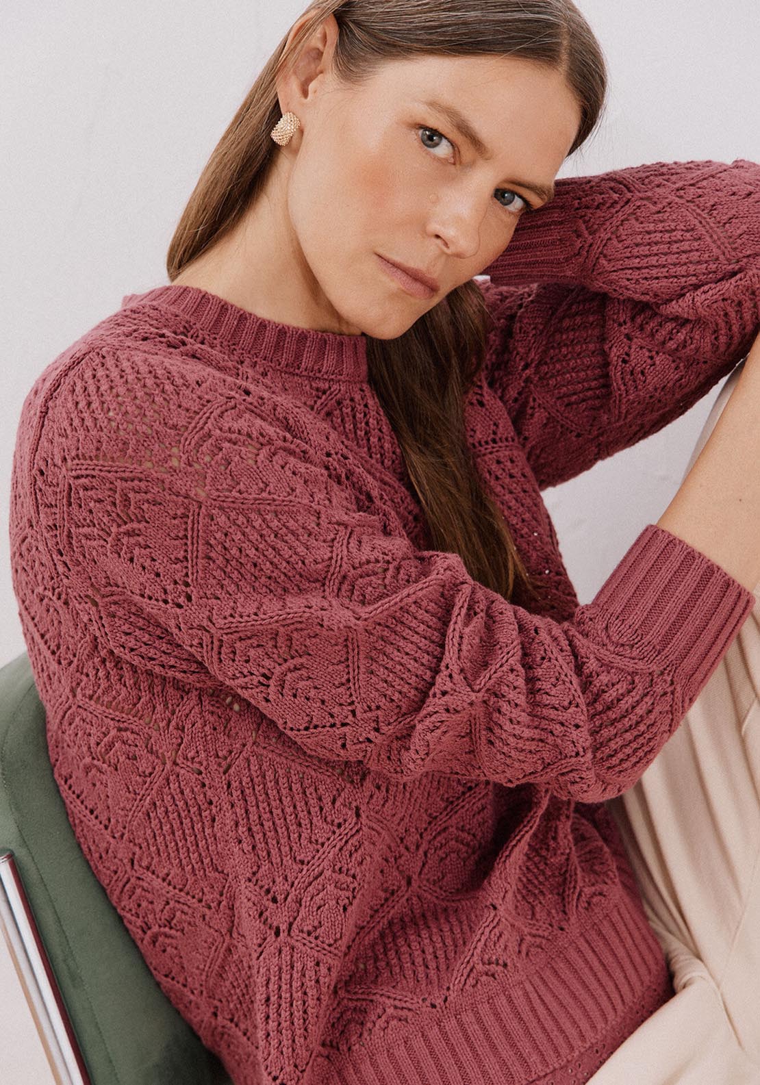 Cortefiel Combined Openwork Sweater - Red 3 Shaws Department Stores