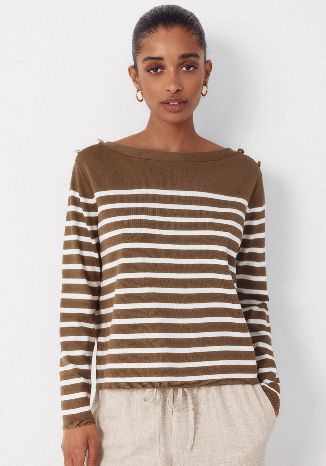 Cortefiel Striped Button Jumper - Beige 1 Shaws Department Stores