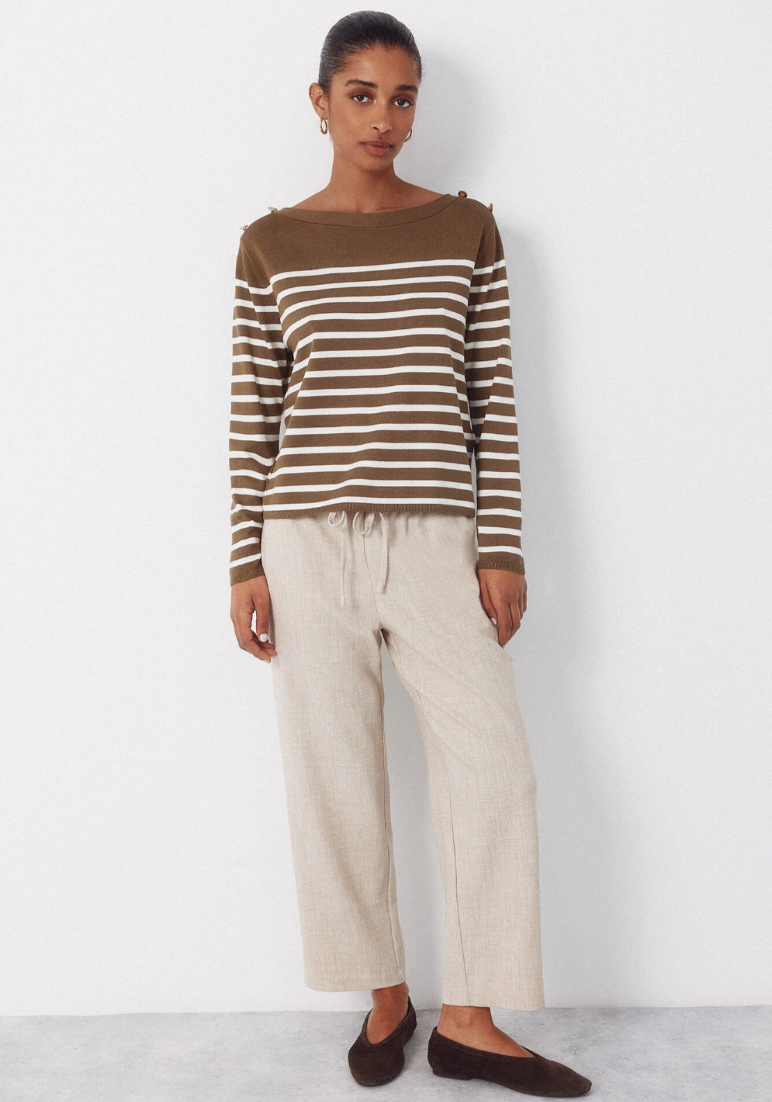 Cortefiel Striped Button Jumper - Beige 5 Shaws Department Stores