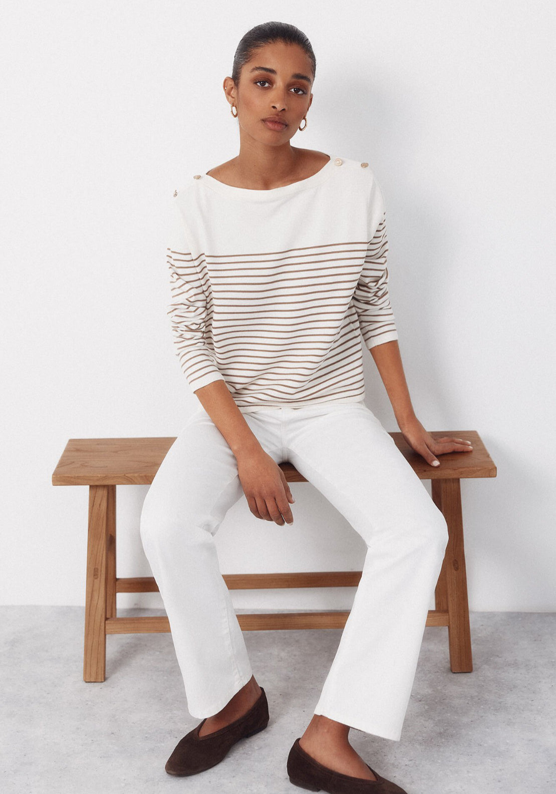 Cortefiel Striped Button Jumper - Cream 4 Shaws Department Stores