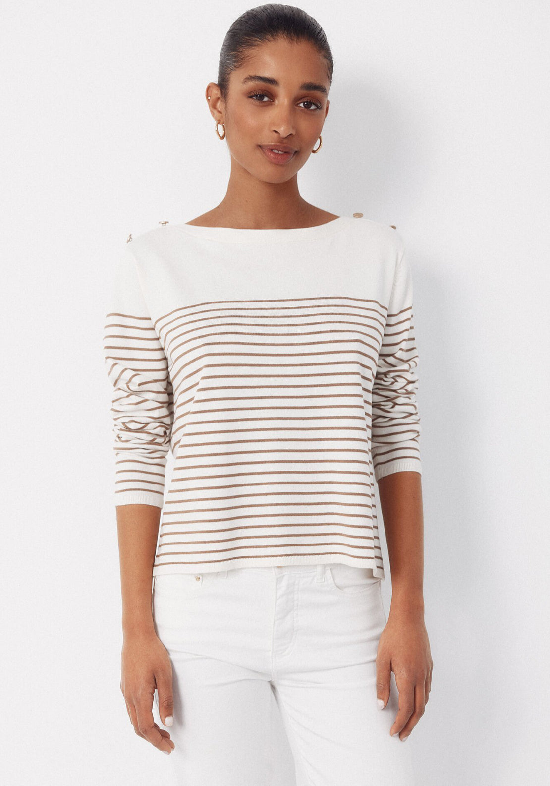 Cortefiel Striped Button Jumper - Cream 1 Shaws Department Stores
