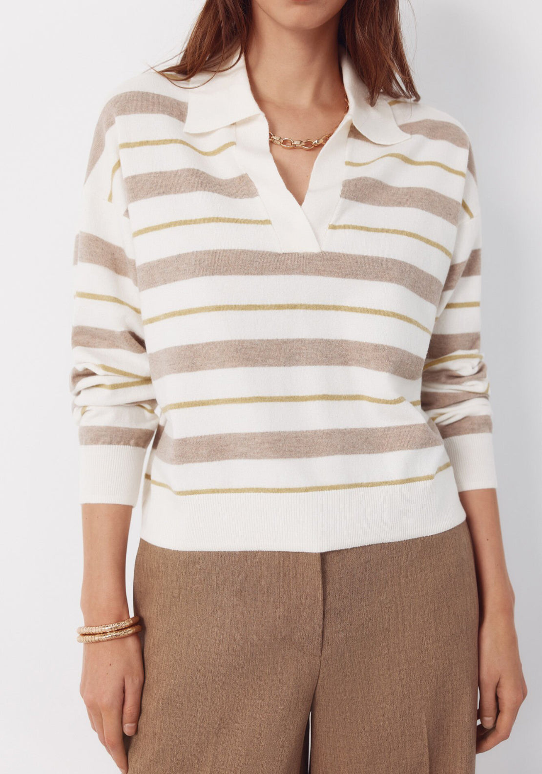 Cortefiel Striped Polo Jumper - Cream 1 Shaws Department Stores