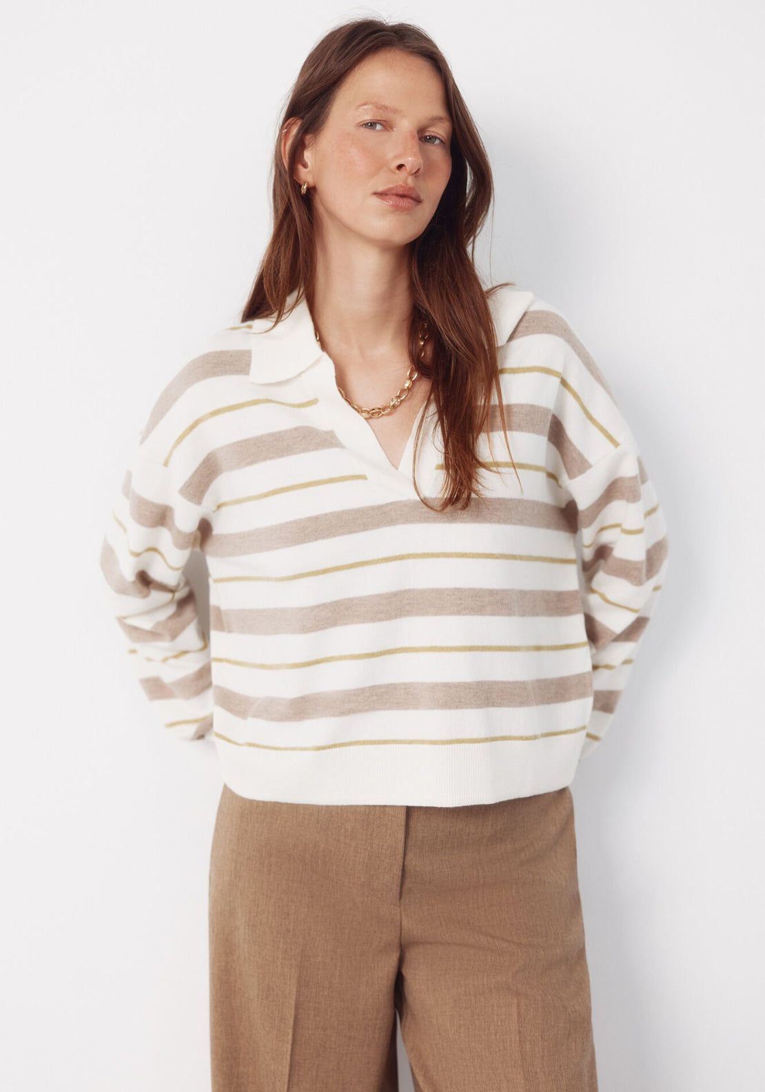 Cortefiel Striped Polo Jumper - Cream 3 Shaws Department Stores