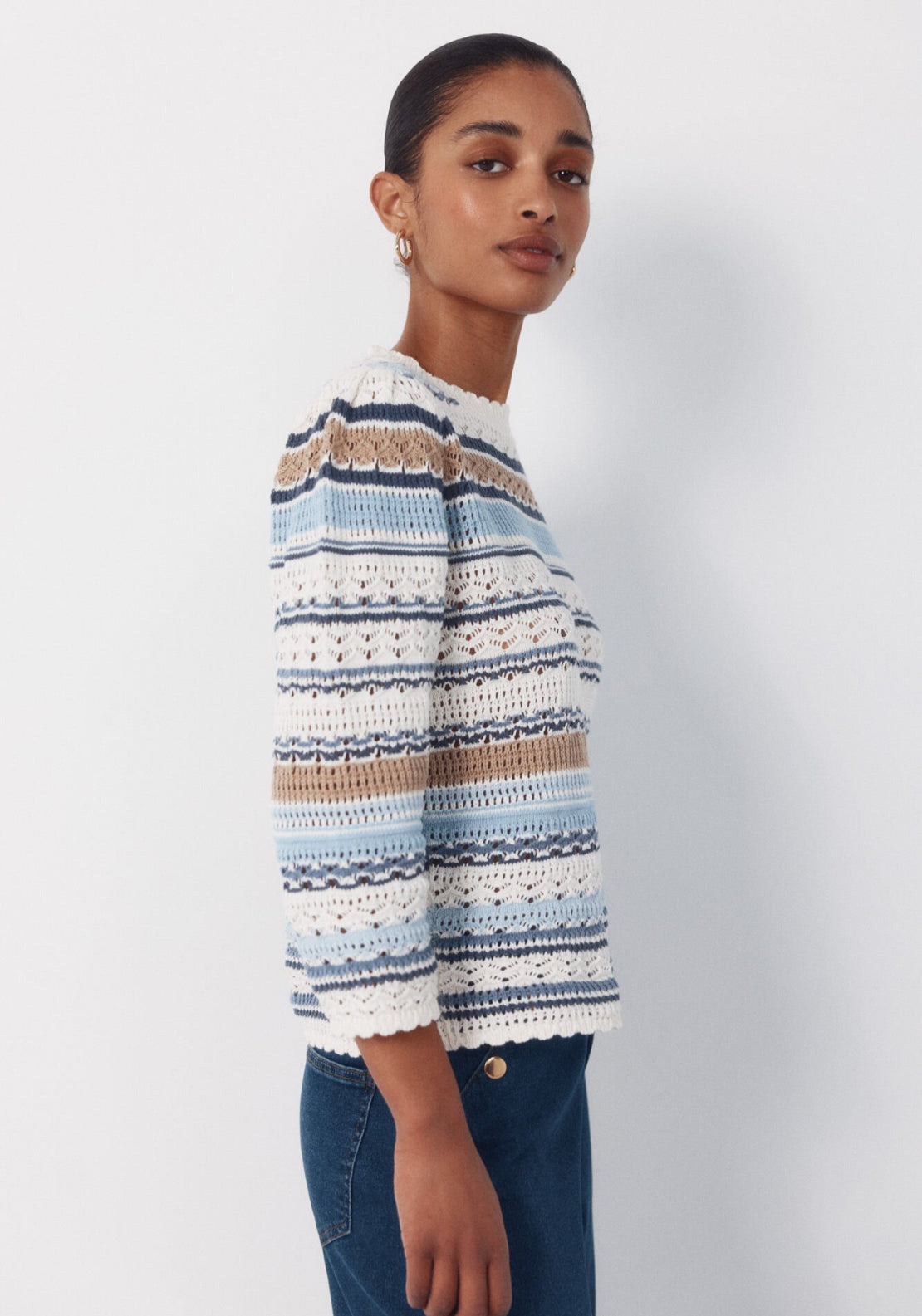 Cortefiel Multicoloured Striped Cotton Jumper - Blue 3 Shaws Department Stores
