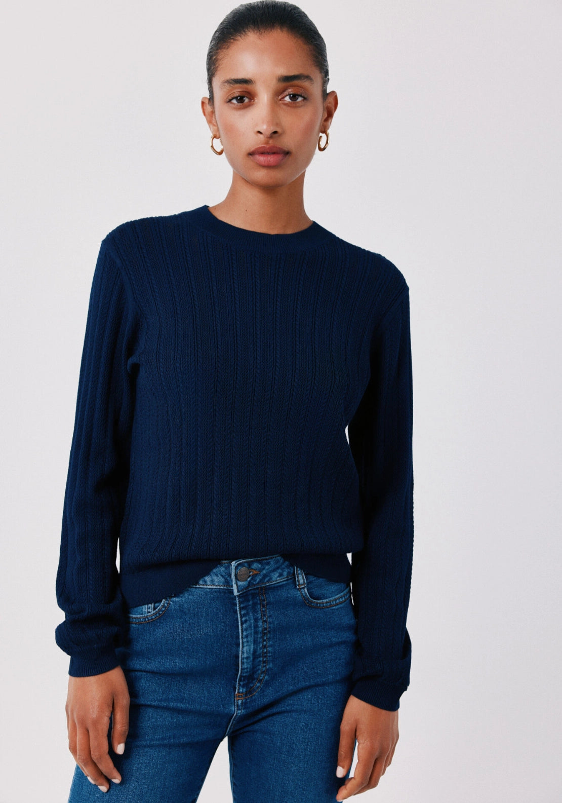 Textured Crew Neck Jumper - Navy