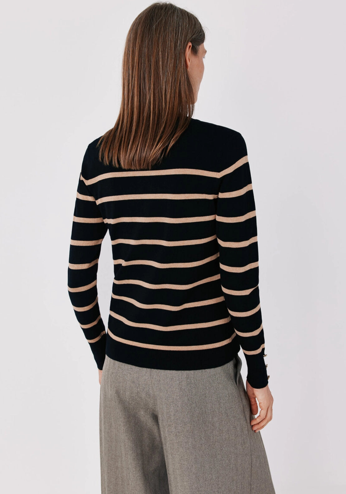 Striped Crew Neck Fine Knit Jumper - Black