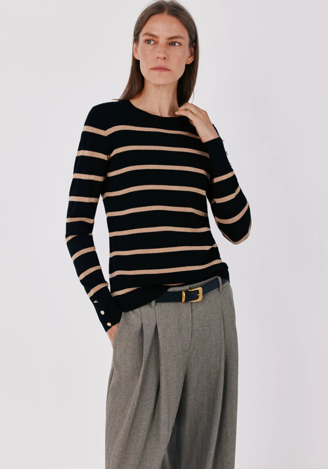 Striped Crew Neck Fine Knit Jumper - Black