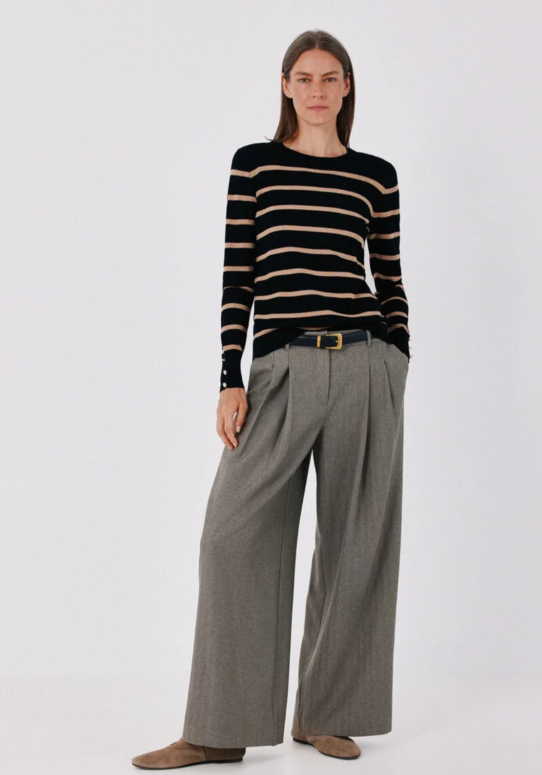 Striped Crew Neck Fine Knit Jumper - Black