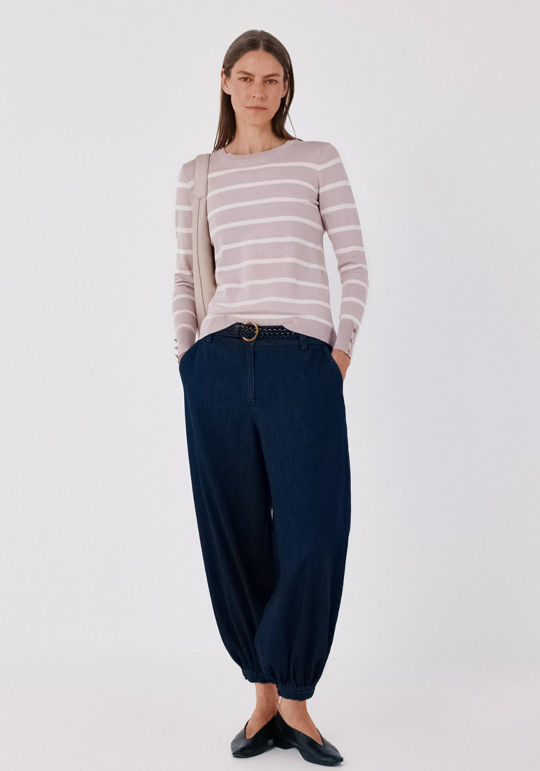 Striped Crew Neck Fine Knit Jumper - Pink