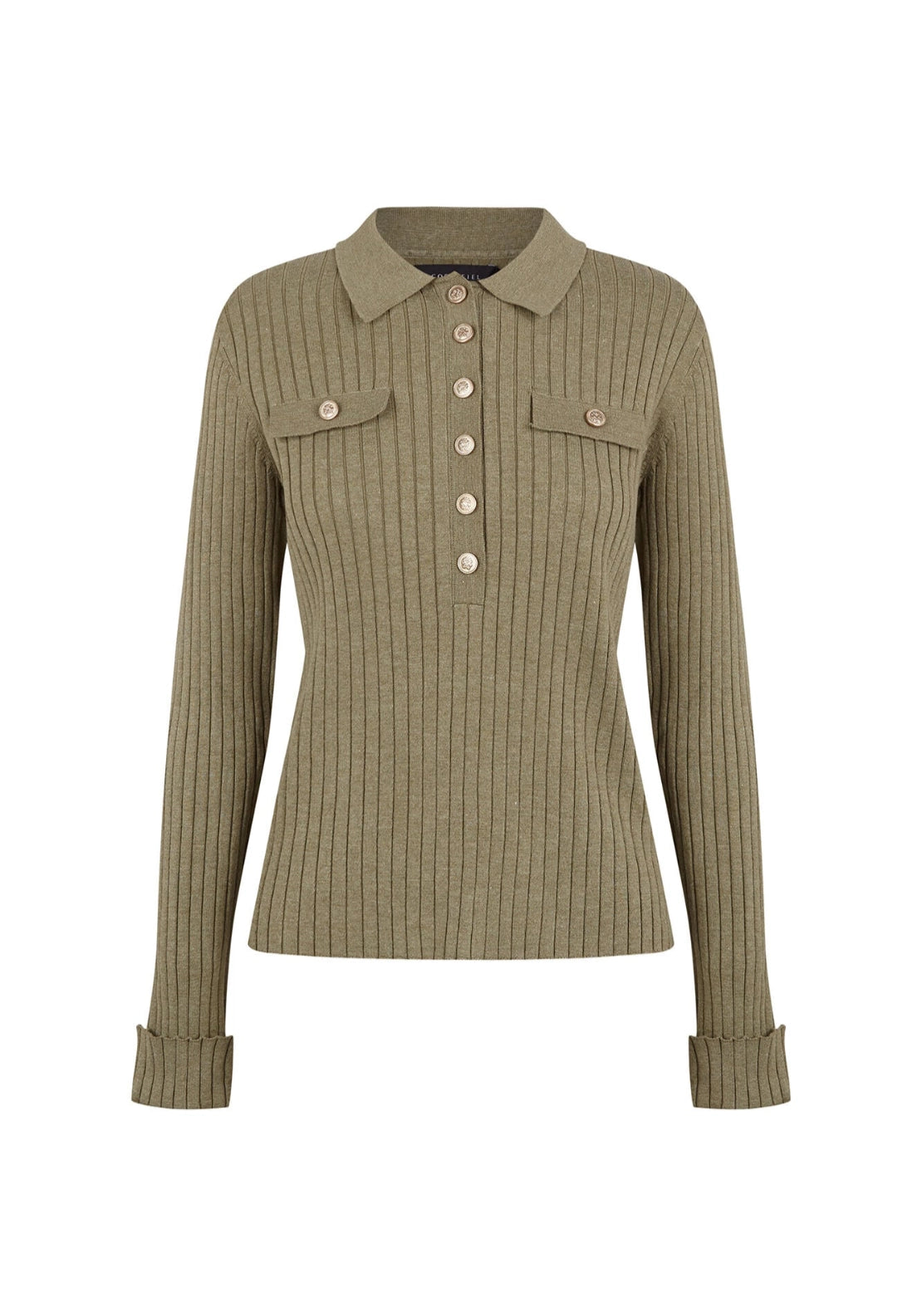 Ribbed Polo Neck Jumper - Medium Khaki