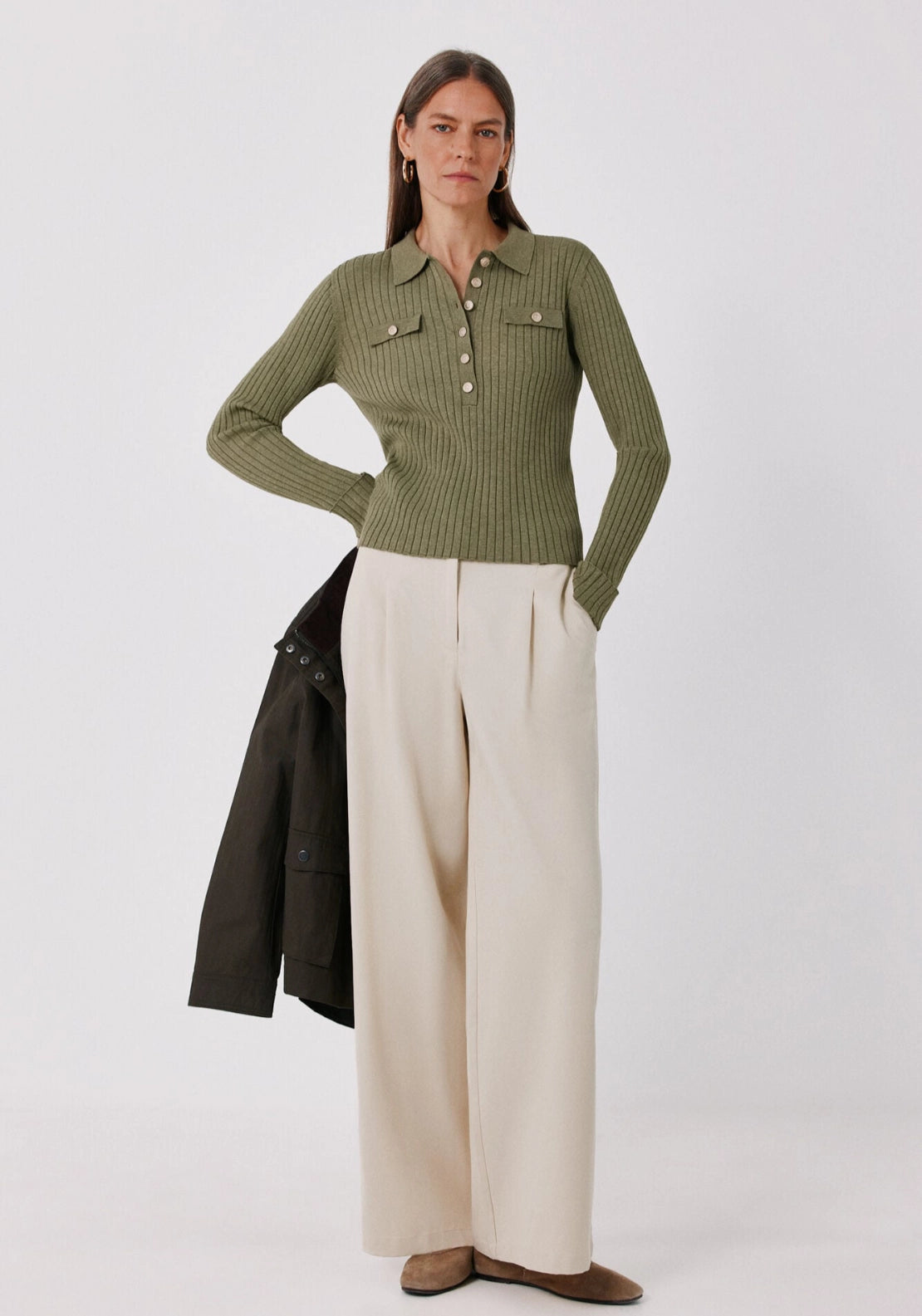 Ribbed Polo Neck Jumper - Medium Khaki
