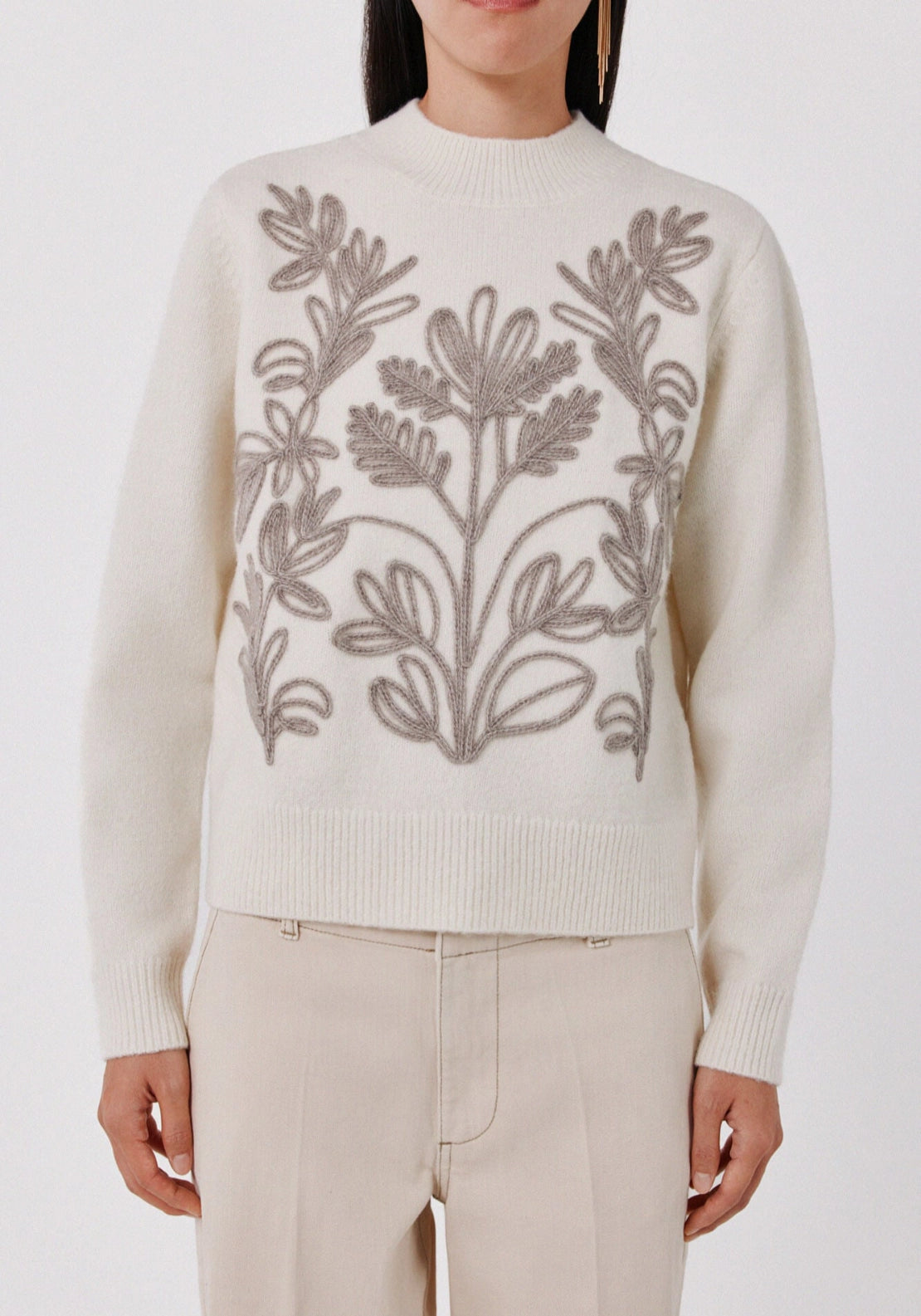 Floral Embroidered Knit Jumper - Beige/camel