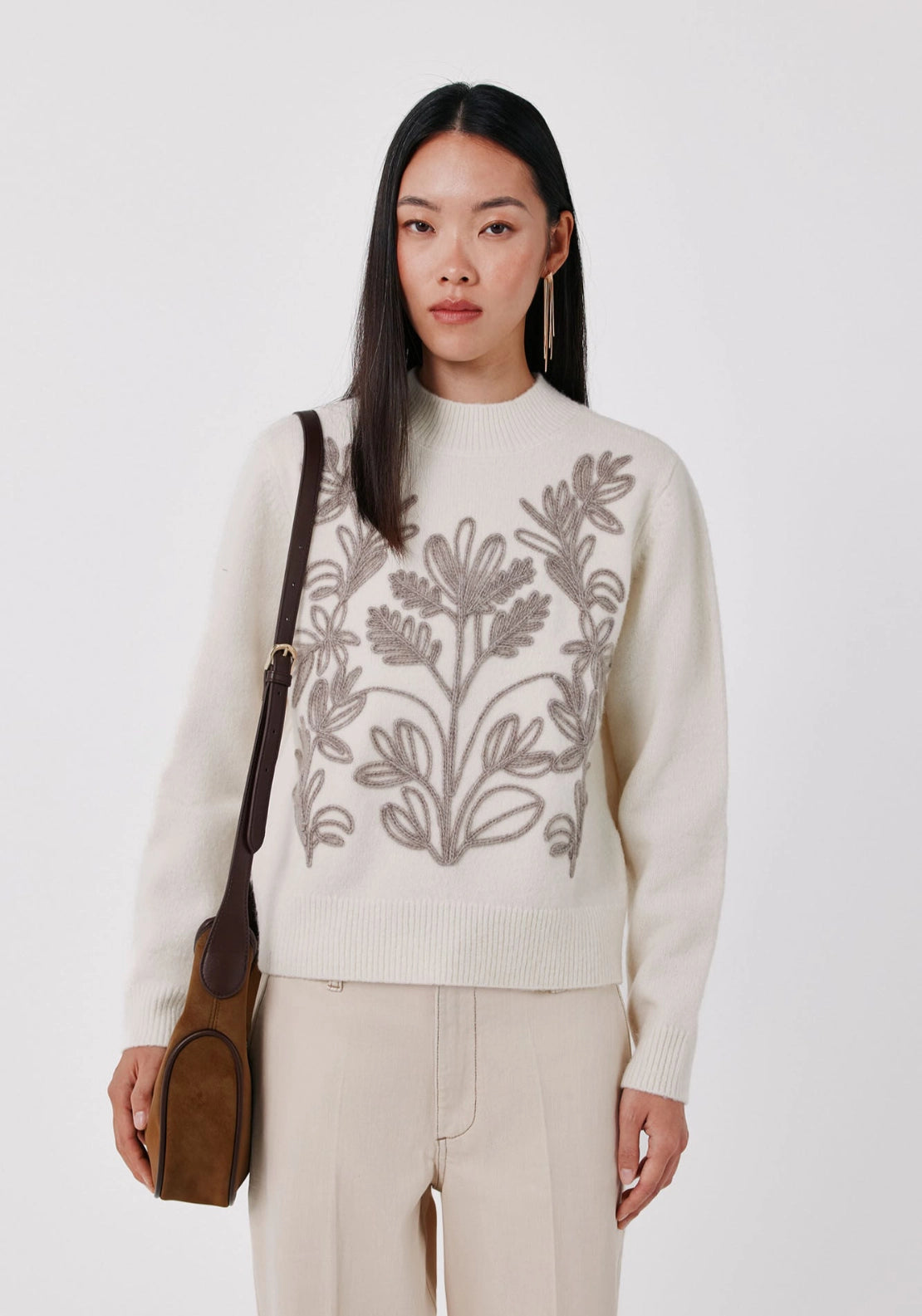 Floral Embroidered Knit Jumper - Beige/camel