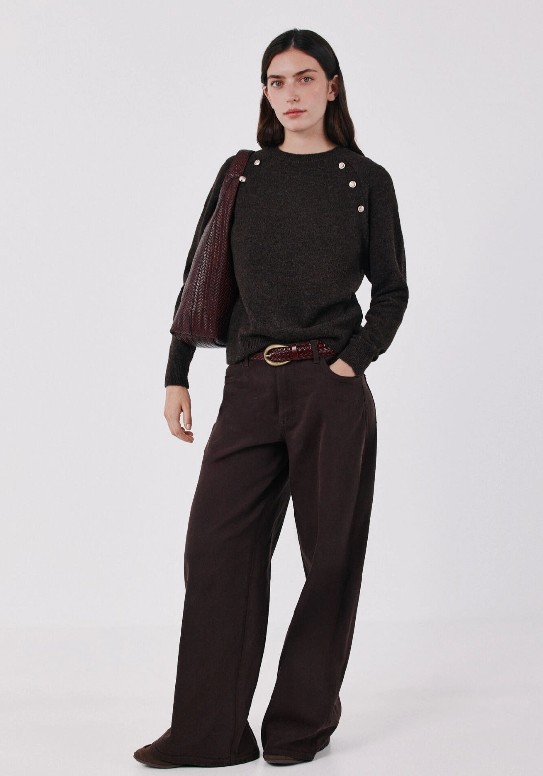 Button Accent Soft Jumper - Dark Brown