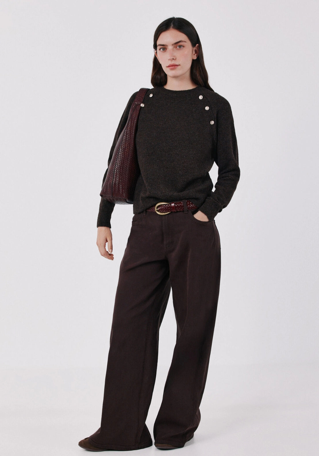 Button Accent Soft Jumper - Dark Brown