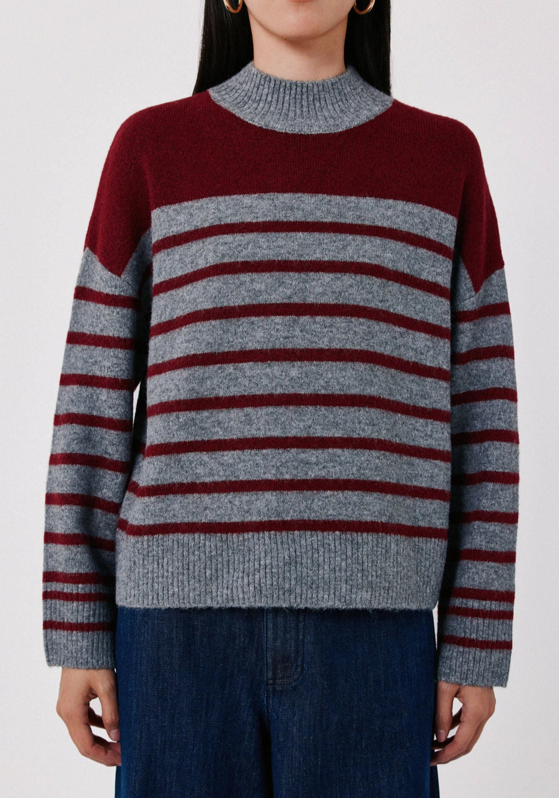 Soft Striped High Neck Jumper - Light Grey