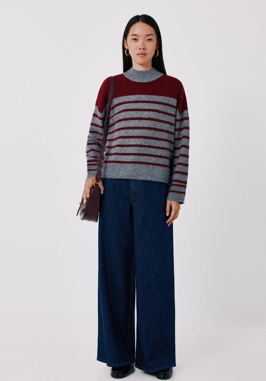 Soft Striped High Neck Jumper - Light Grey