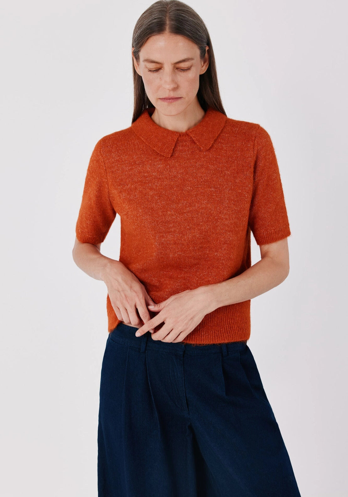 Short Sleeve Polo Neck Jumper - Orange