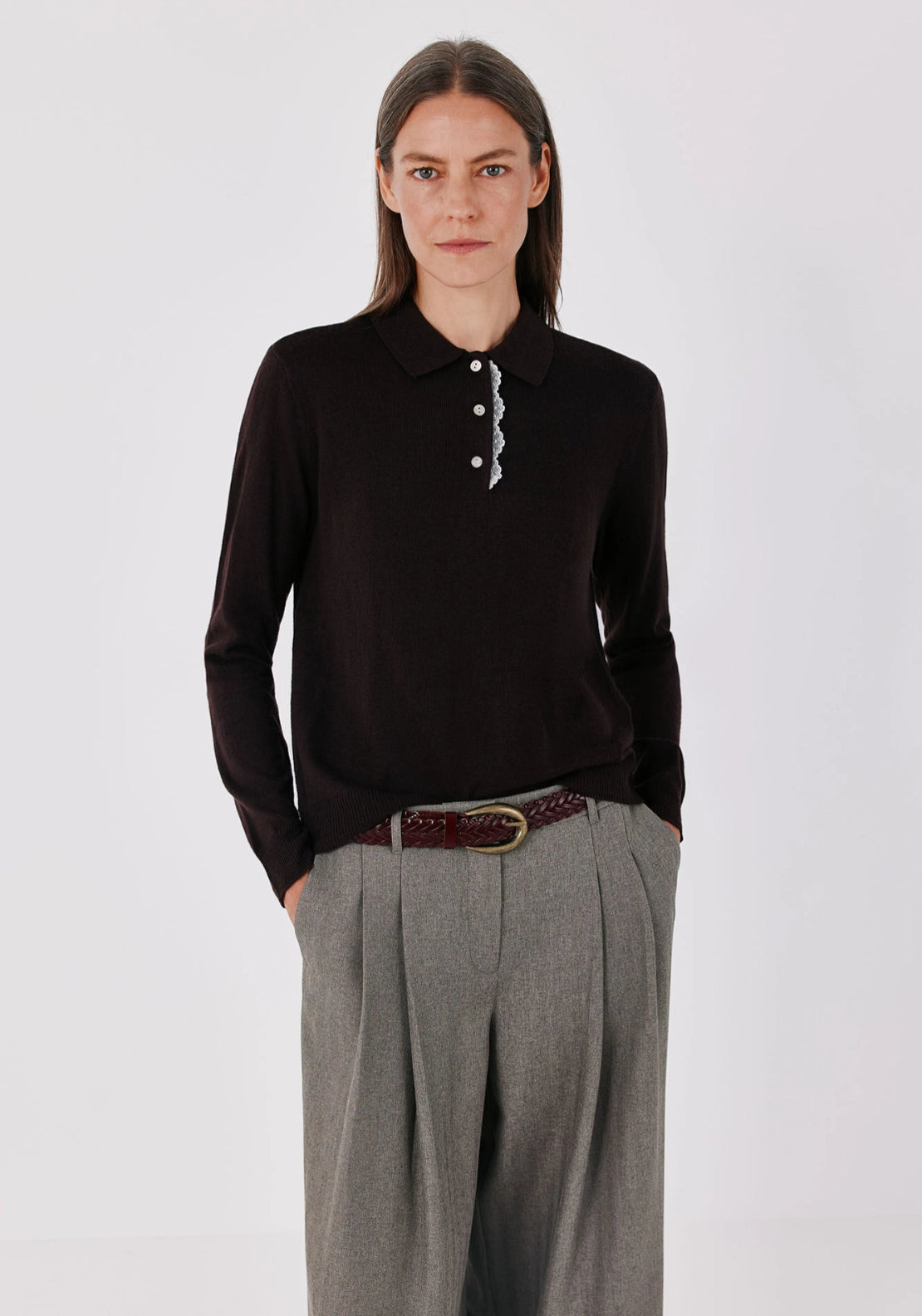 Plumetis Polo Neck Jumper - Dark Brown