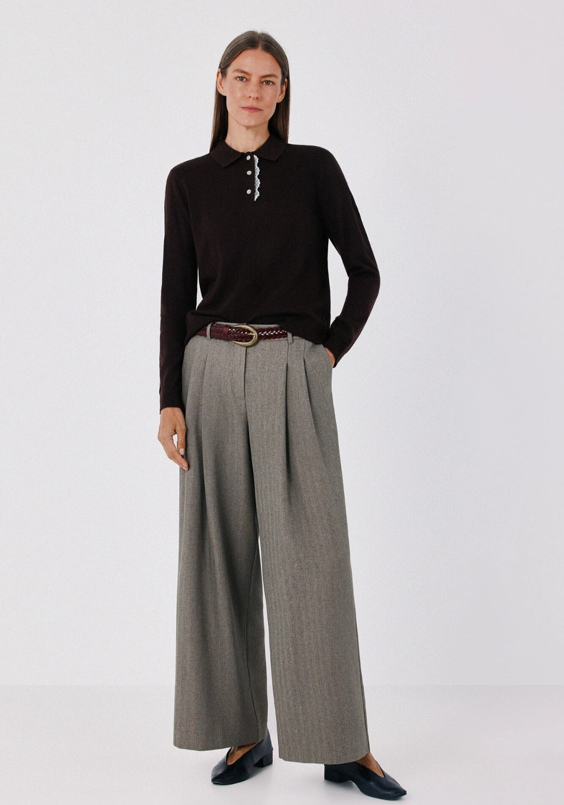 Plumetis Polo Neck Jumper - Dark Brown