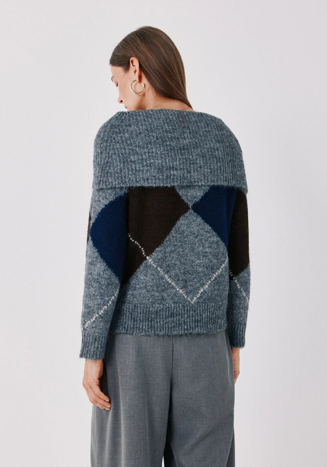 Off-Shoulder Diamond Knit Jumper - Multicoloured