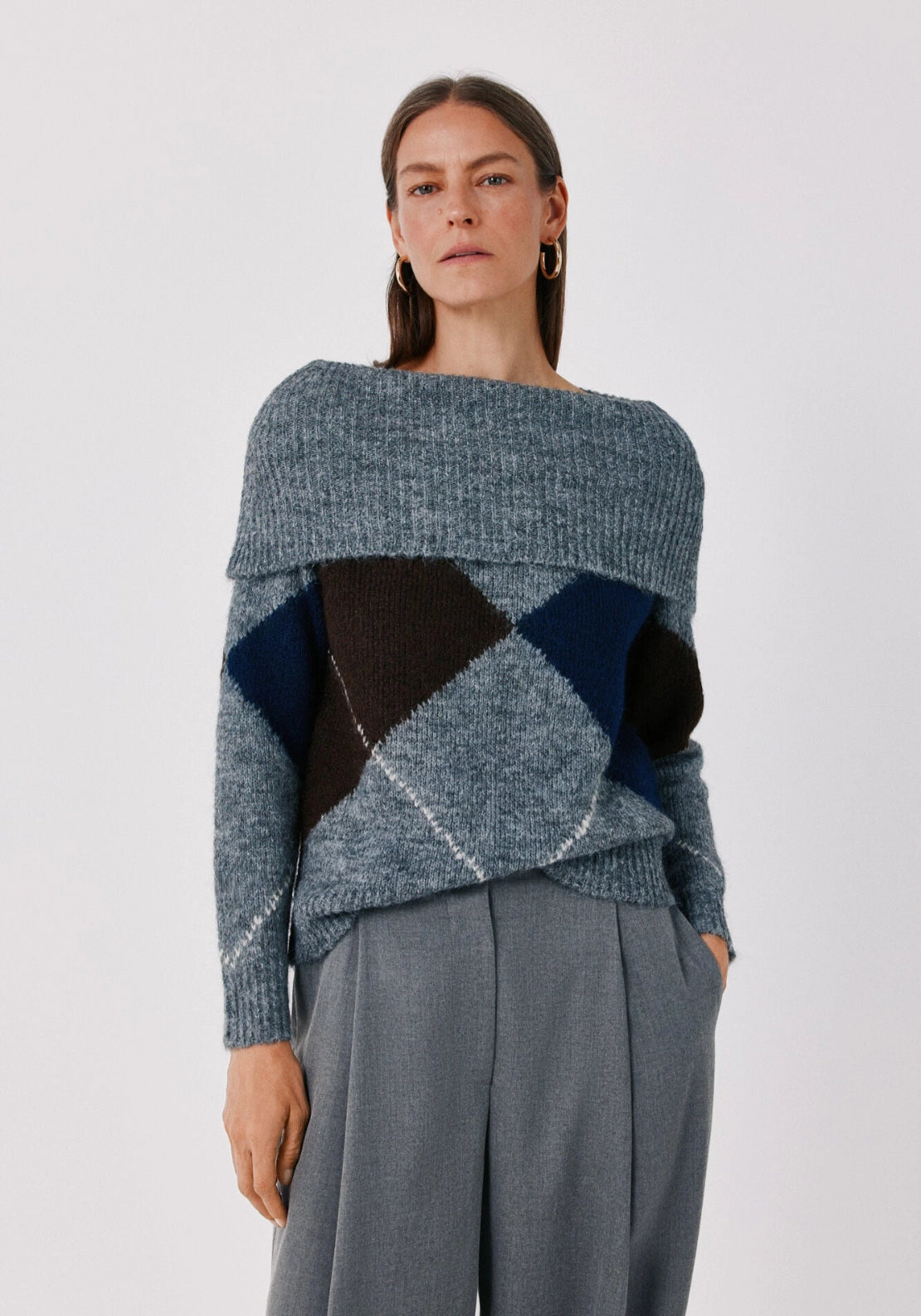 Off-Shoulder Diamond Knit Jumper - Multicoloured