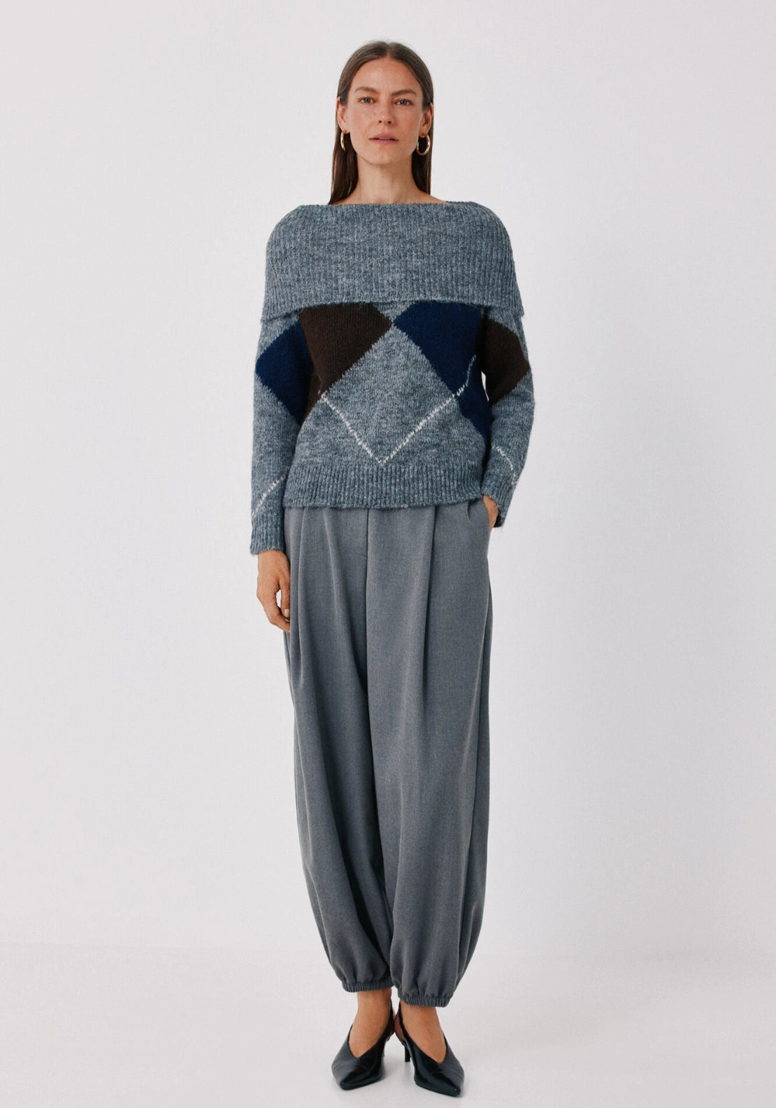 Off-Shoulder Diamond Knit Jumper - Multicoloured