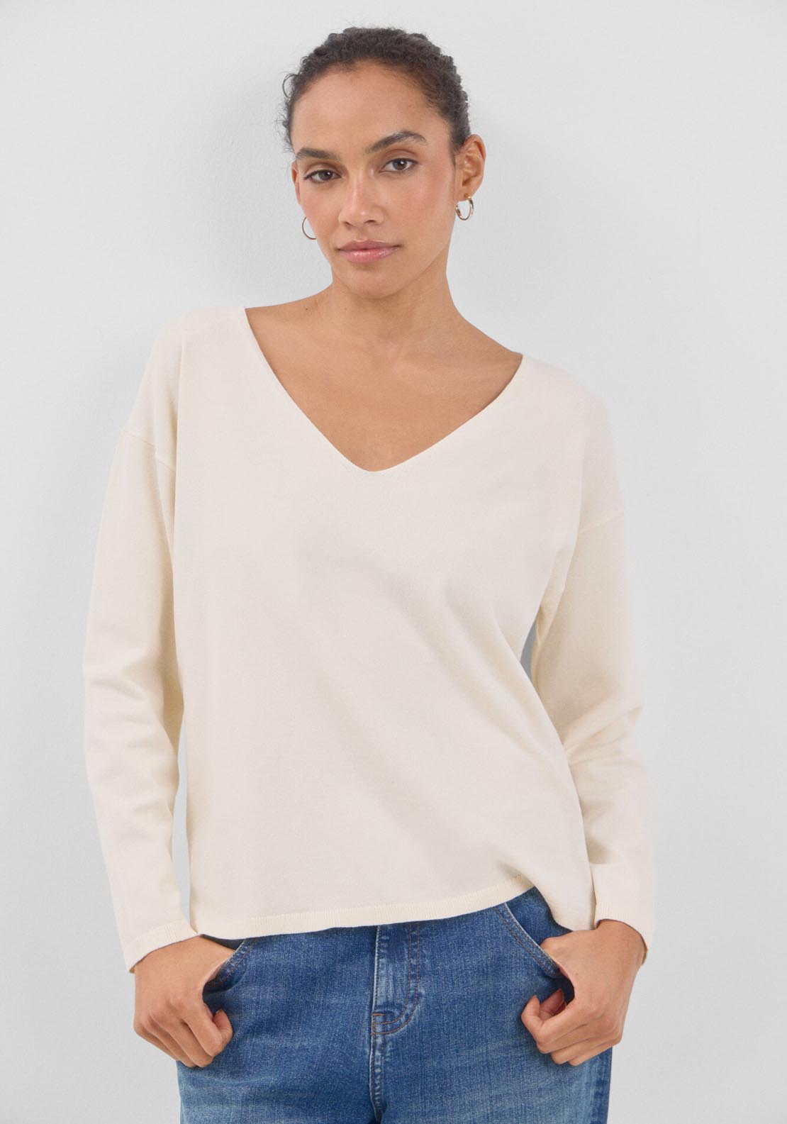 Cortefiel V-Neck Jumper - Ivory 3 Shaws Department Stores