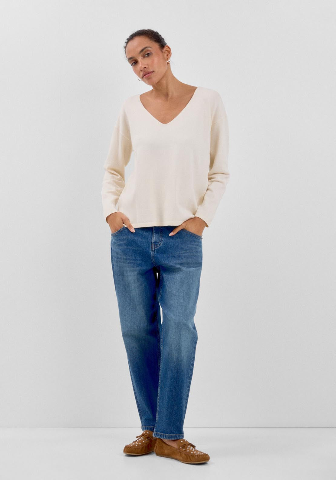 Cortefiel V-Neck Jumper - Ivory 2 Shaws Department Stores