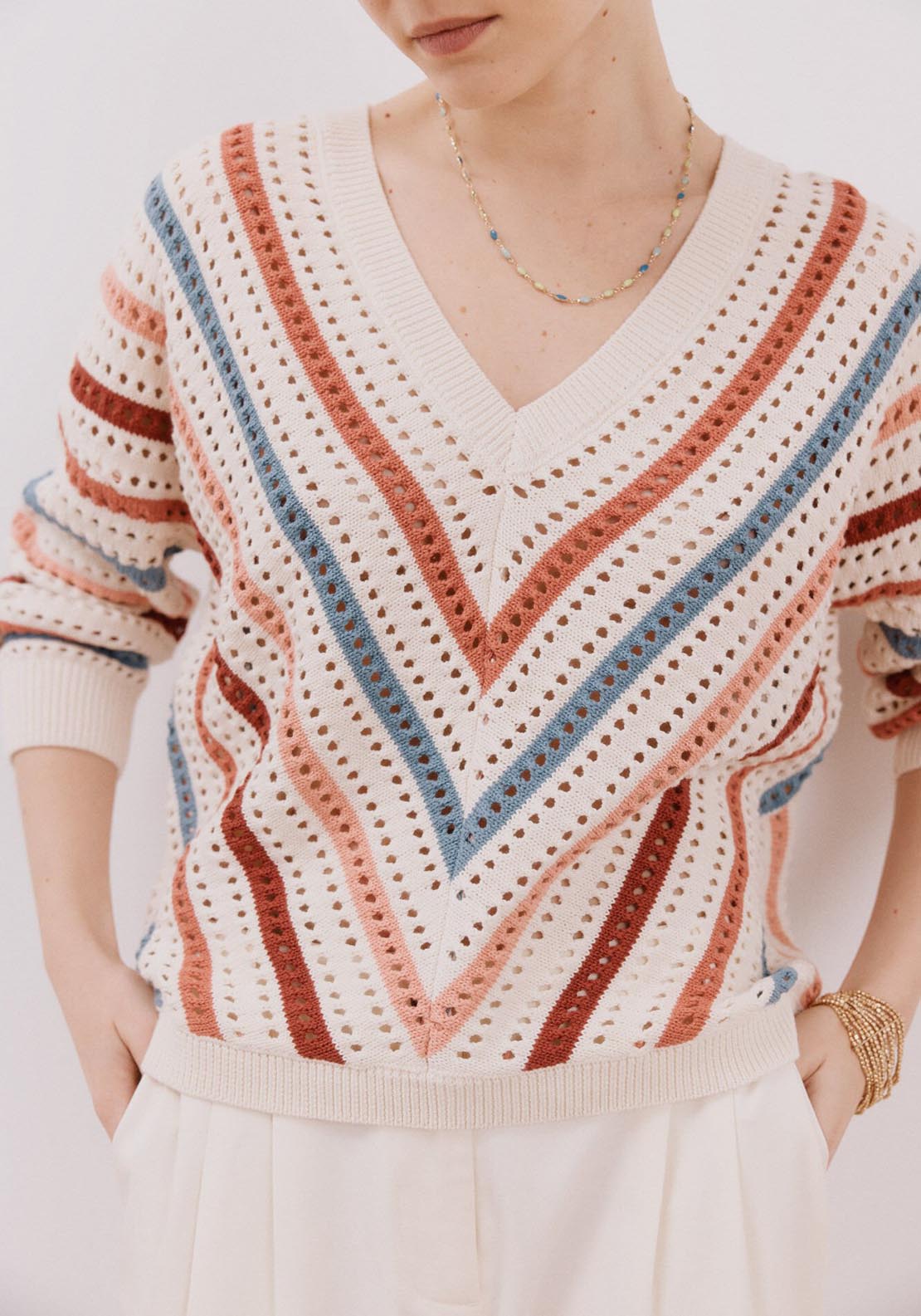 Cortefiel Openwork Striped Jumper - White Print 2 Shaws Department Stores