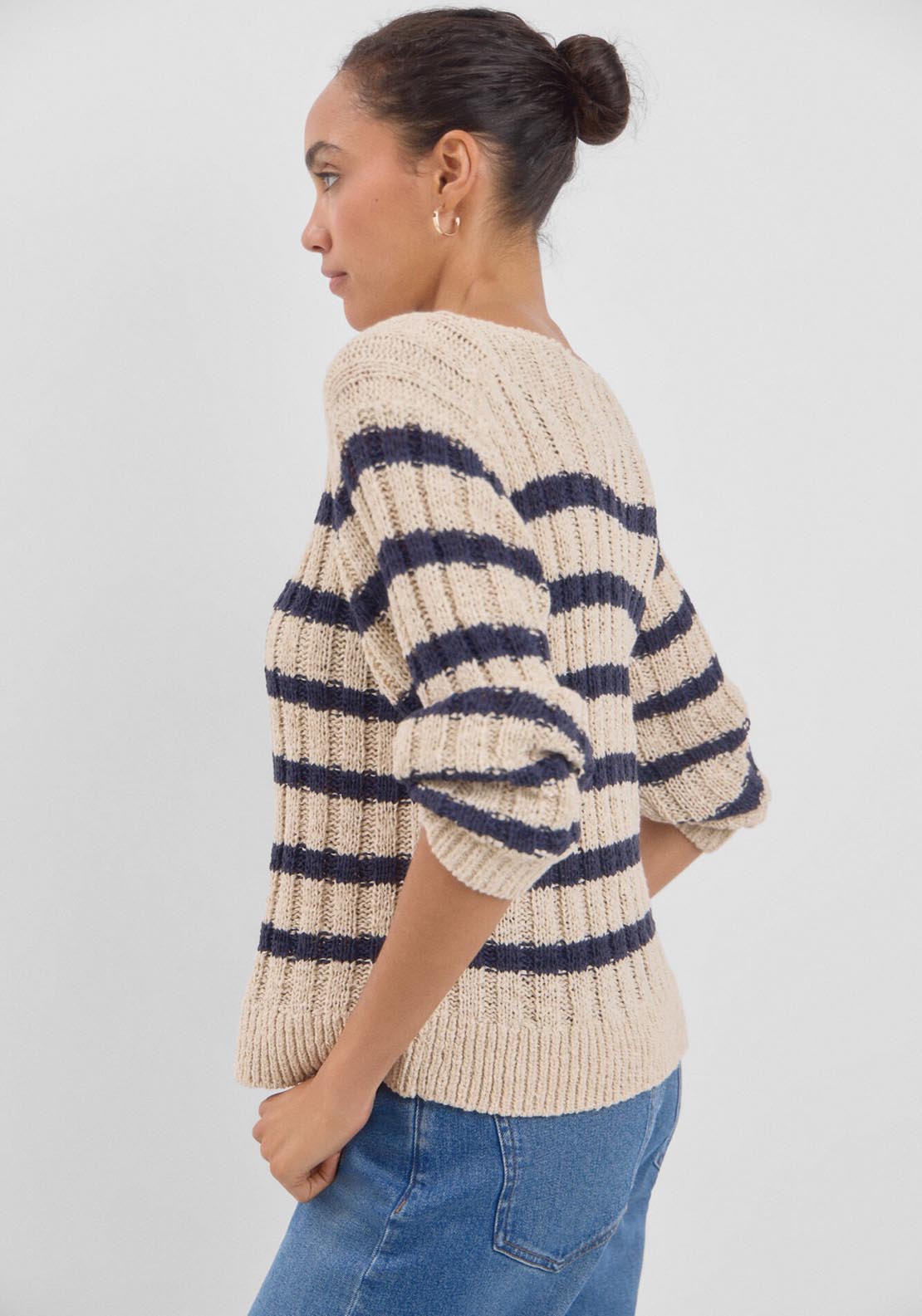Cortefiel Ribbed Striped Long Sleeve Jumper - Beige/camel 5 Shaws Department Stores