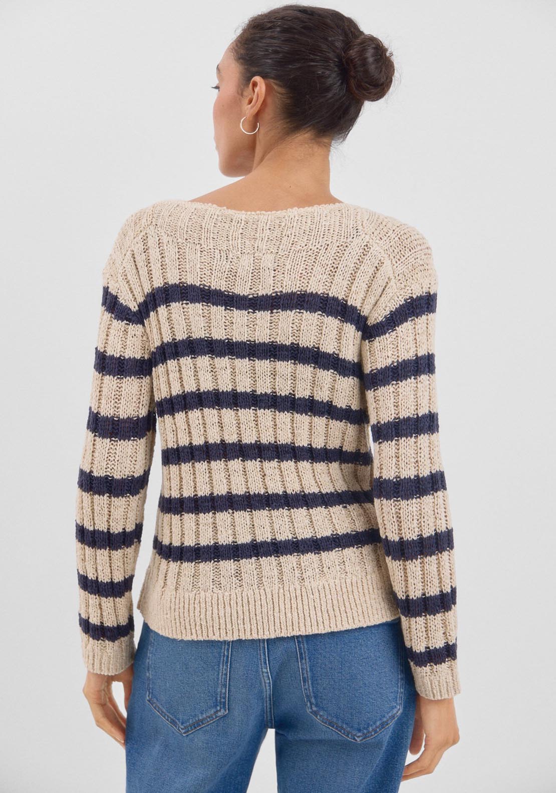 Cortefiel Ribbed Striped Long Sleeve Jumper - Beige/camel 6 Shaws Department Stores