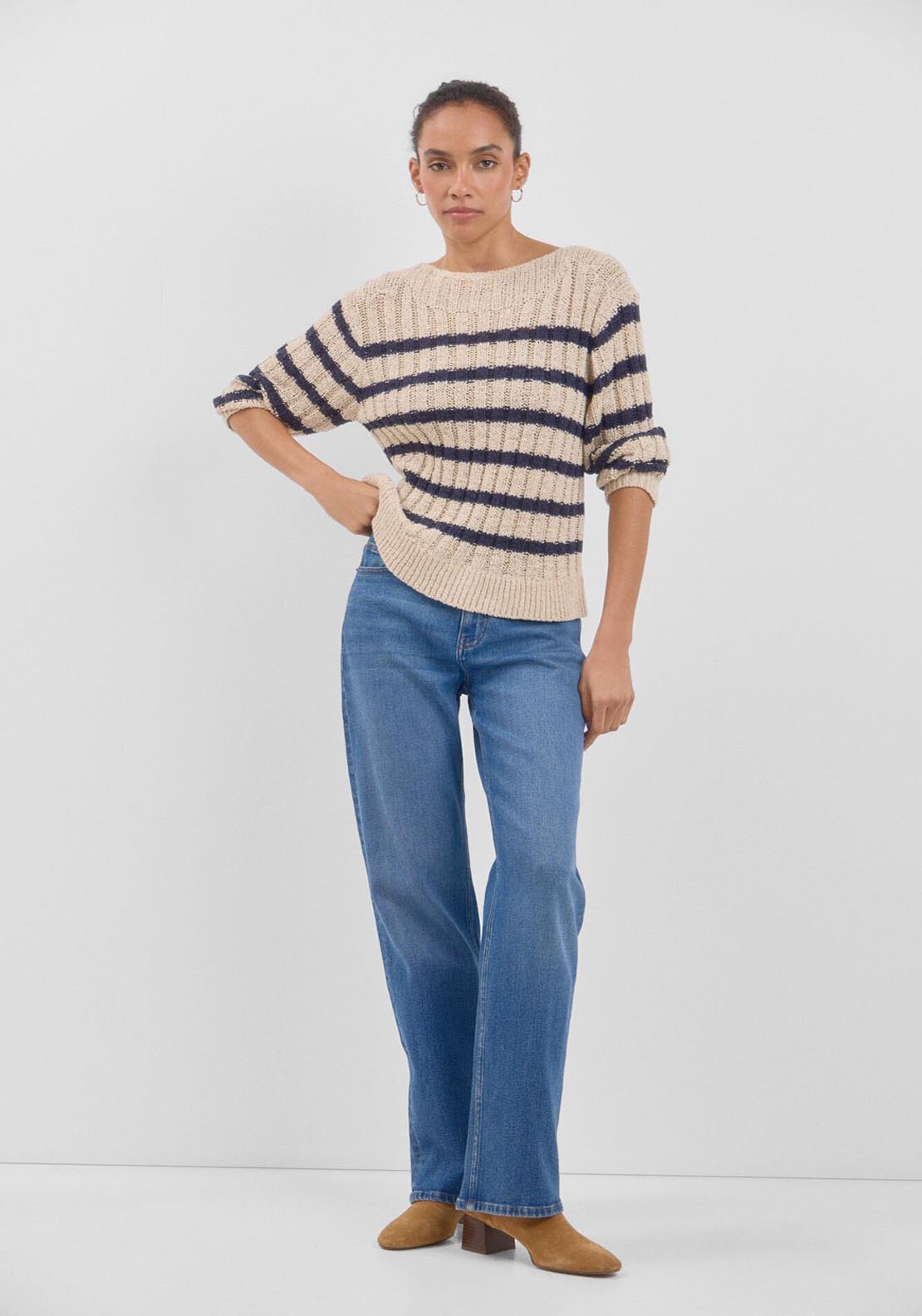 Cortefiel Ribbed Striped Long Sleeve Jumper - Beige/camel 7 Shaws Department Stores