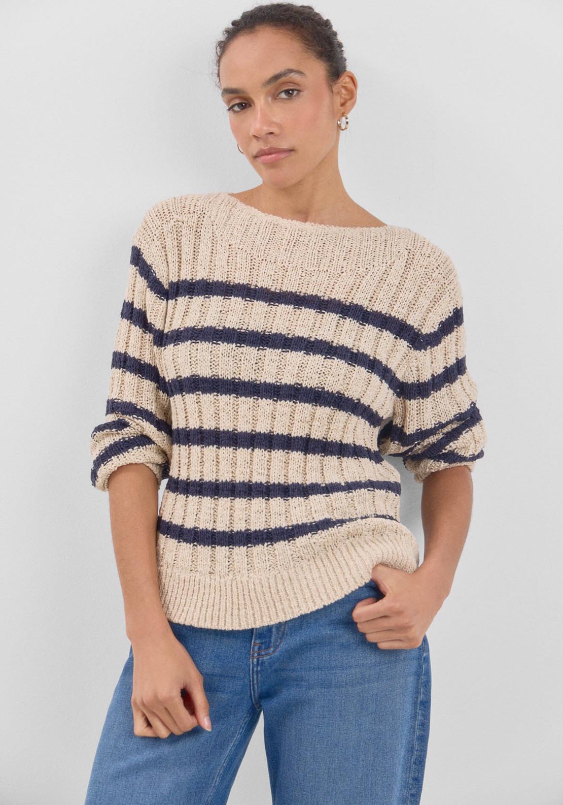 Cortefiel Ribbed Striped Long Sleeve Jumper - Beige/camel 4 Shaws Department Stores