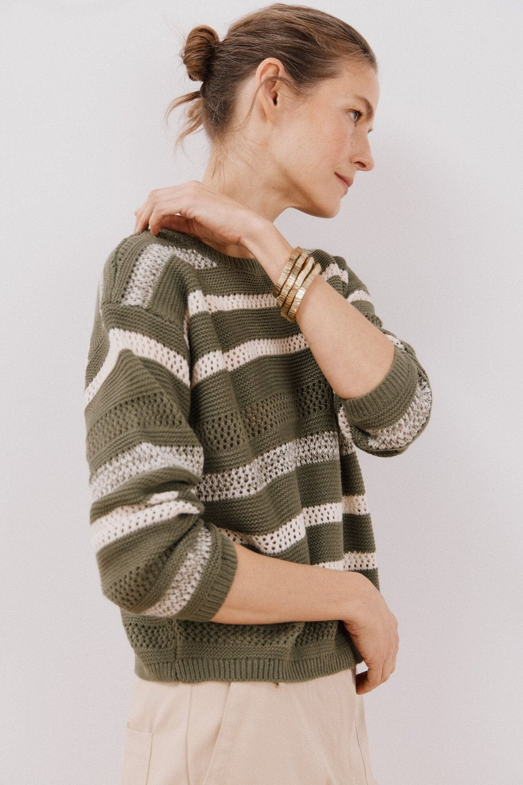 Cortefiel Two-tone striped jumper - Light Khaki 2 Shaws Department Stores
