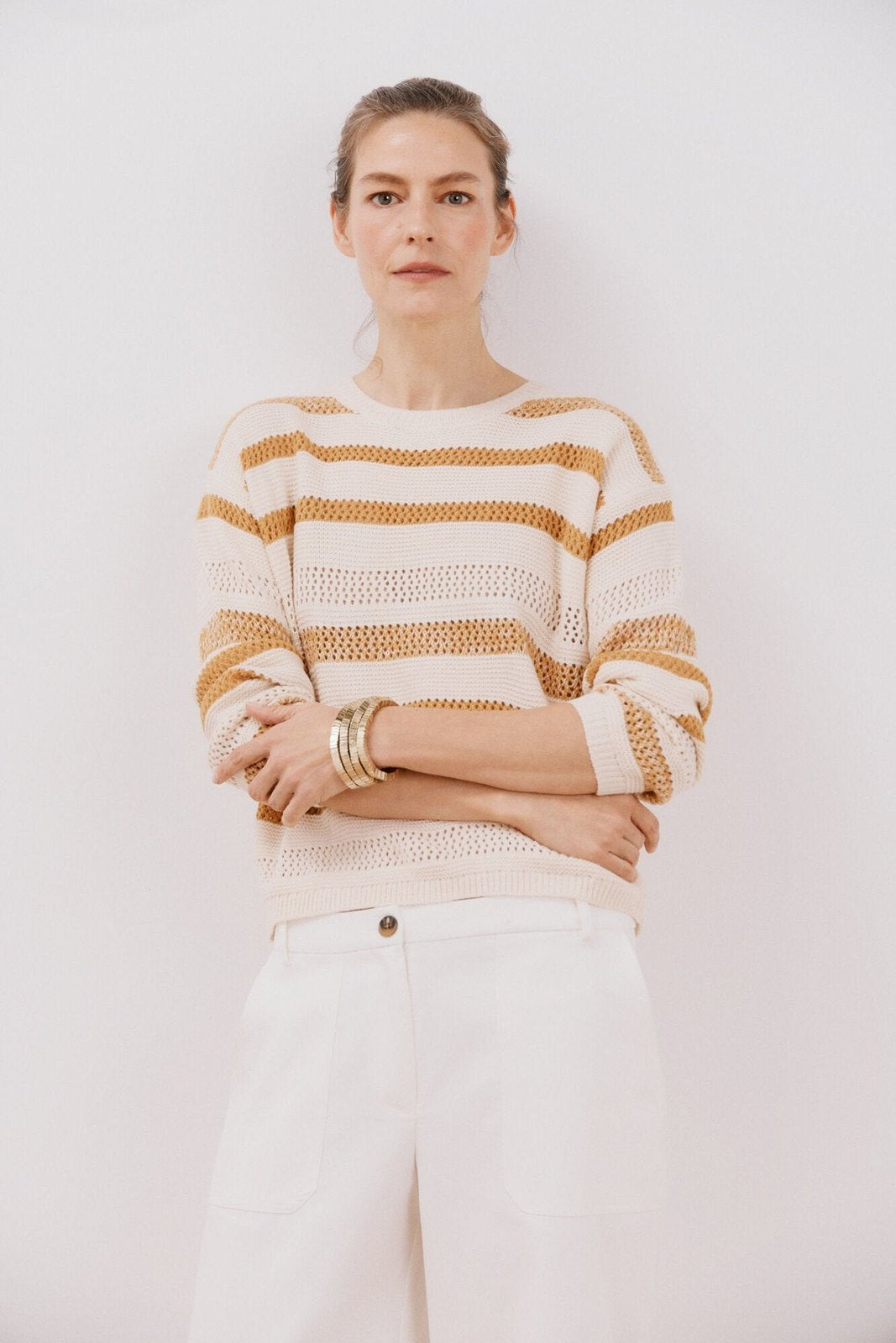 Cortefiel Two-tone striped jumper - Ivory 1 Shaws Department Stores