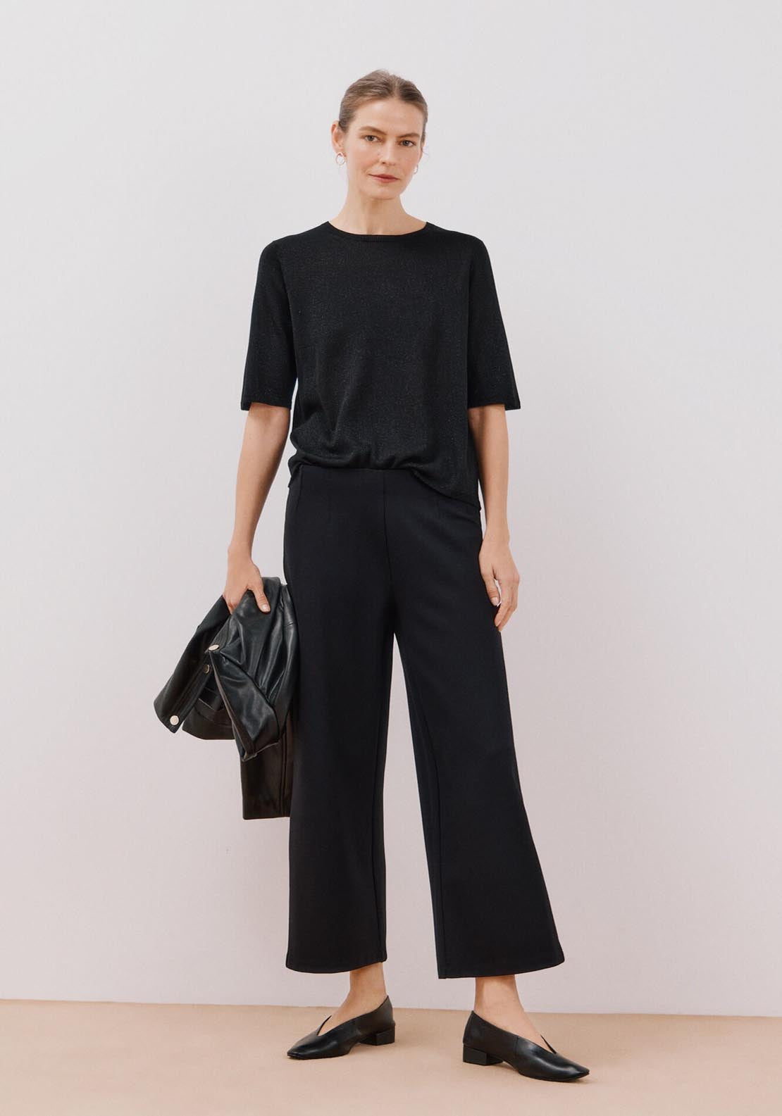 Cortefiel Short Sleeve Crew Neck Top With Lurex - Black 5 Shaws Department Stores