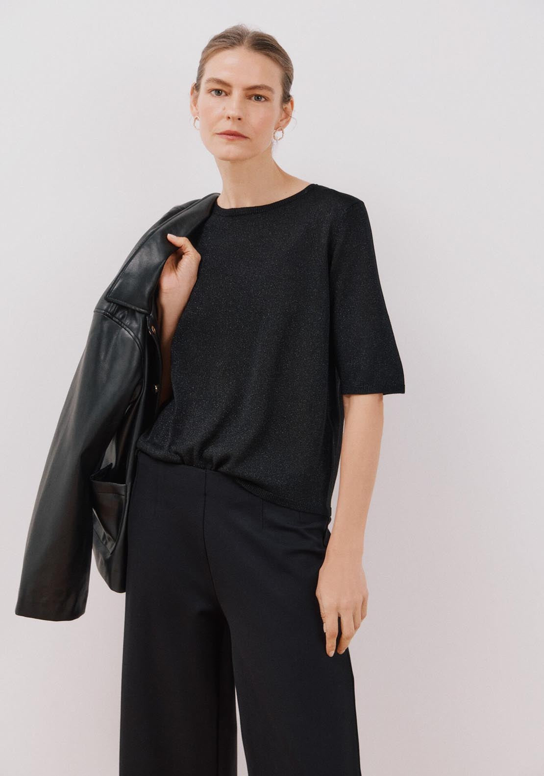 Cortefiel Short Sleeve Crew Neck Top With Lurex - Black 3 Shaws Department Stores