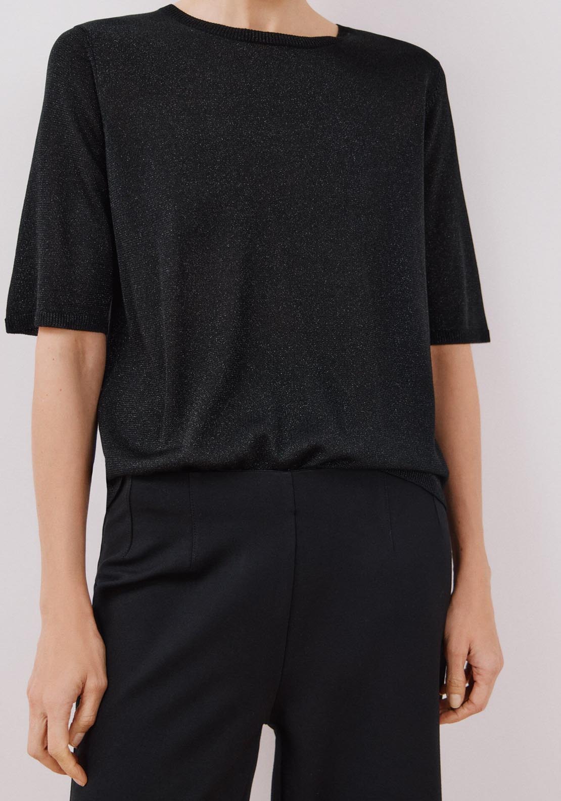Cortefiel Short Sleeve Crew Neck Top With Lurex - Black 4 Shaws Department Stores