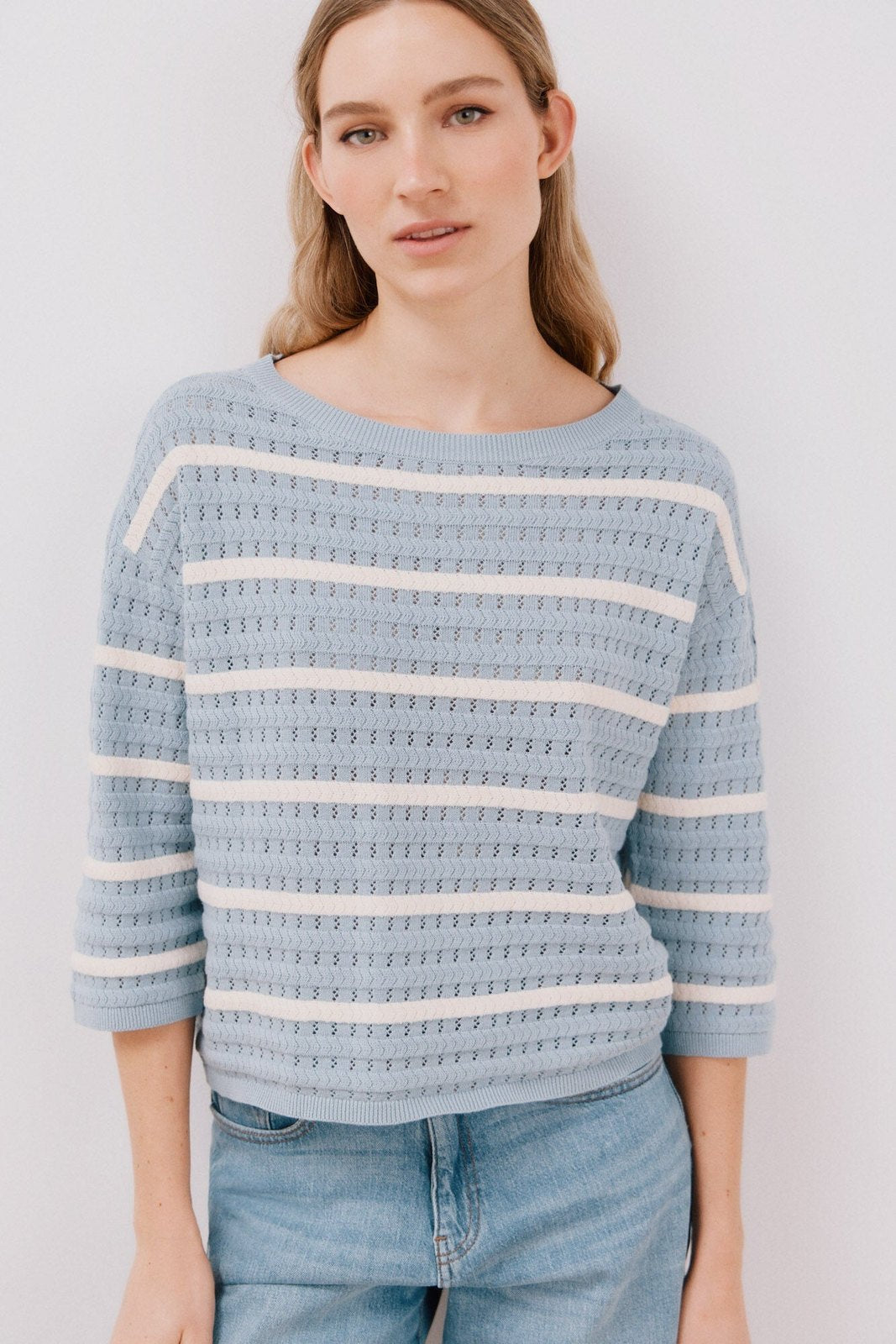Cortefiel Two-tone striped jumper - Light Blue 5 Shaws Department Stores