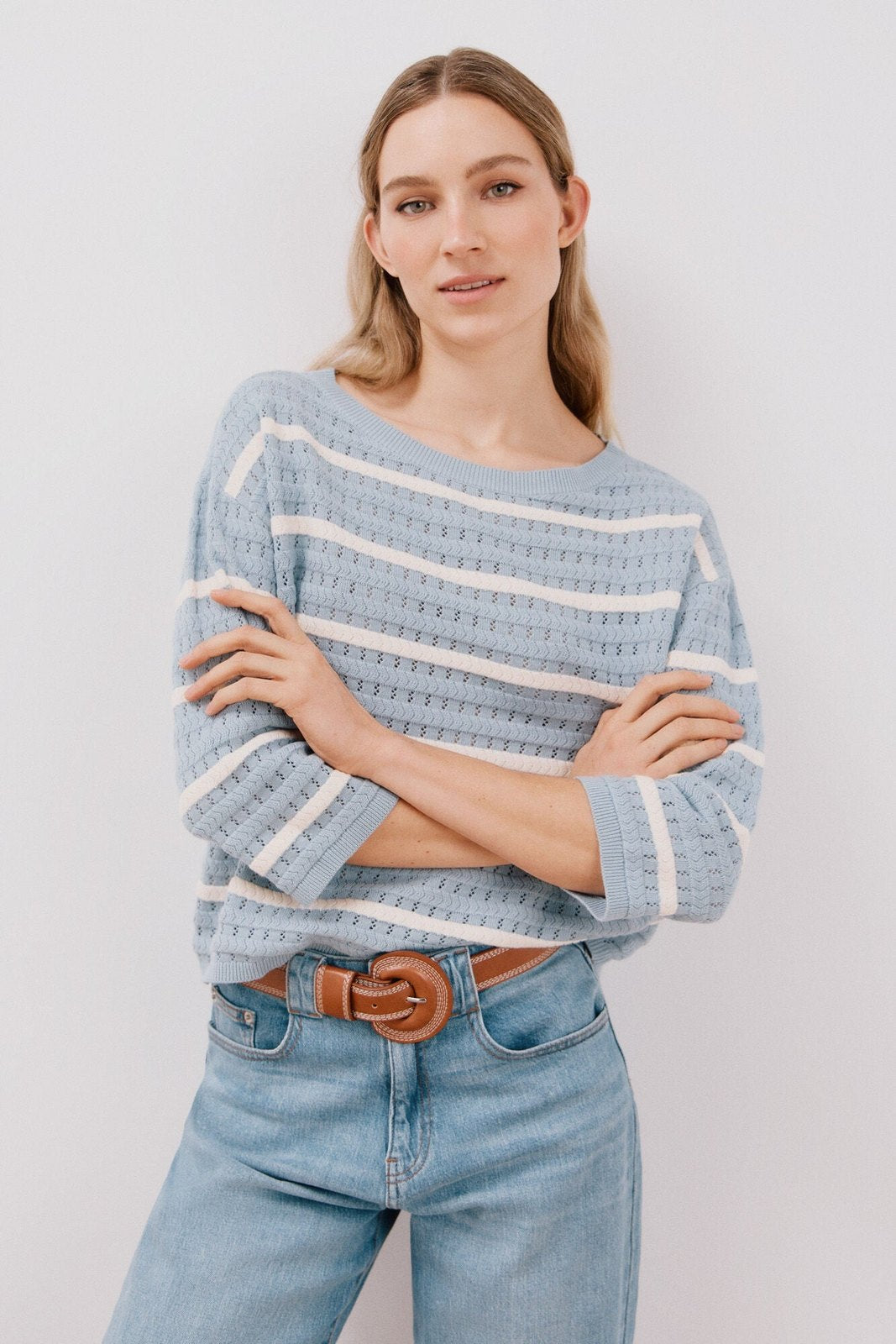 Cortefiel Two-tone striped jumper - Light Blue 2 Shaws Department Stores