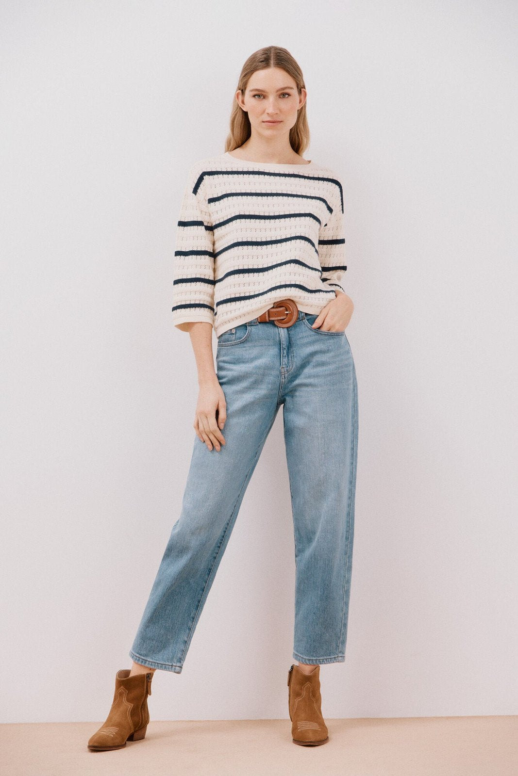 Cortefiel Two-tone striped jumper - Ivory 1 Shaws Department Stores