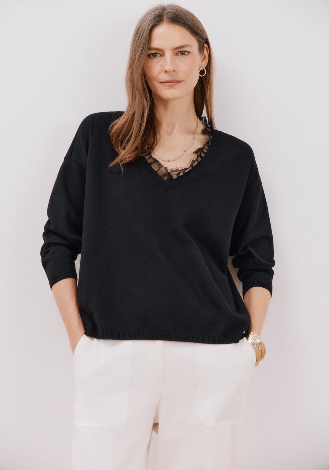 Cortefiel Lace V Lace Jumper - Black 2 Shaws Department Stores
