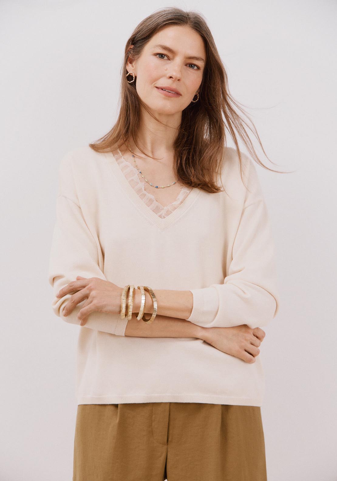 Cortefiel Lace V Lace Jumper - Ivory 1 Shaws Department Stores