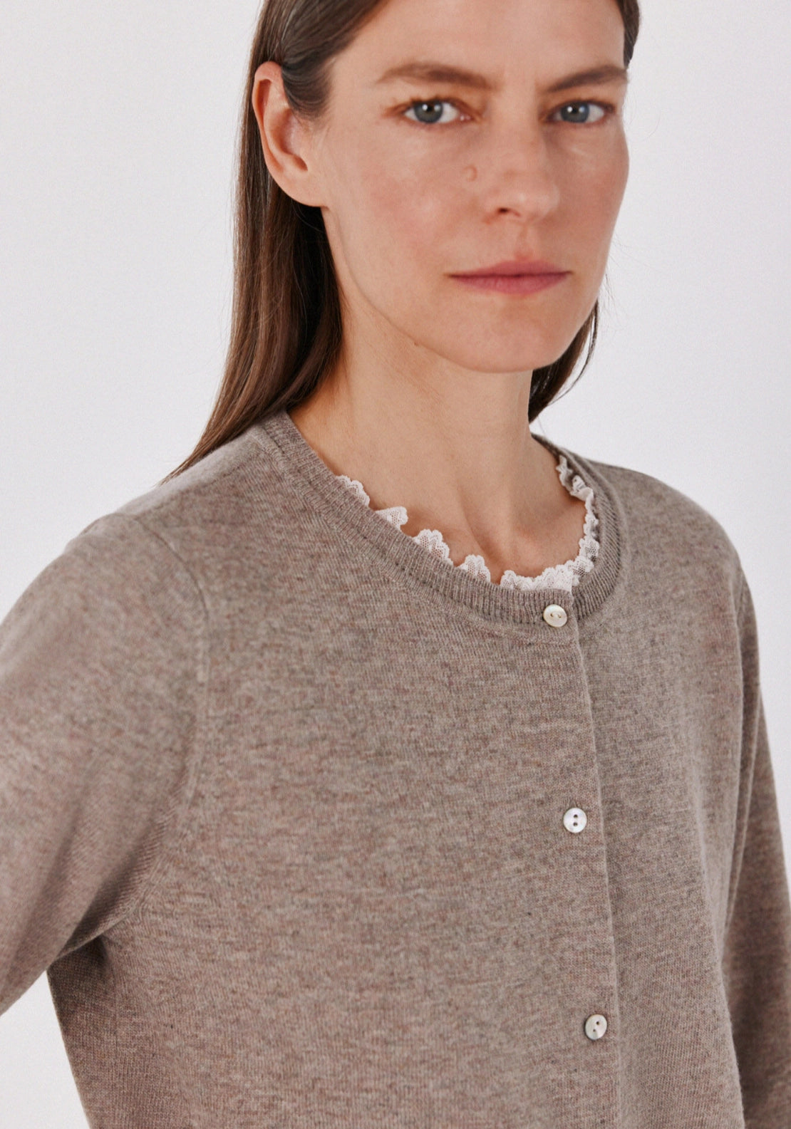 Lace Neck Applique Cardigan - Beige/camel