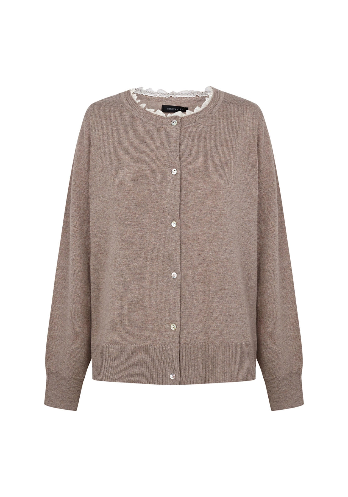 Lace Neck Applique Cardigan - Beige/camel