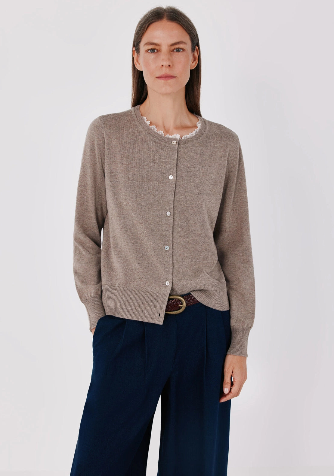 Lace Neck Applique Cardigan - Beige/camel