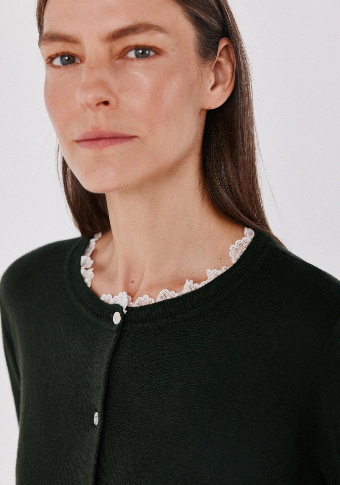 Lace Neck Applique Cardigan - Dark Khaki
