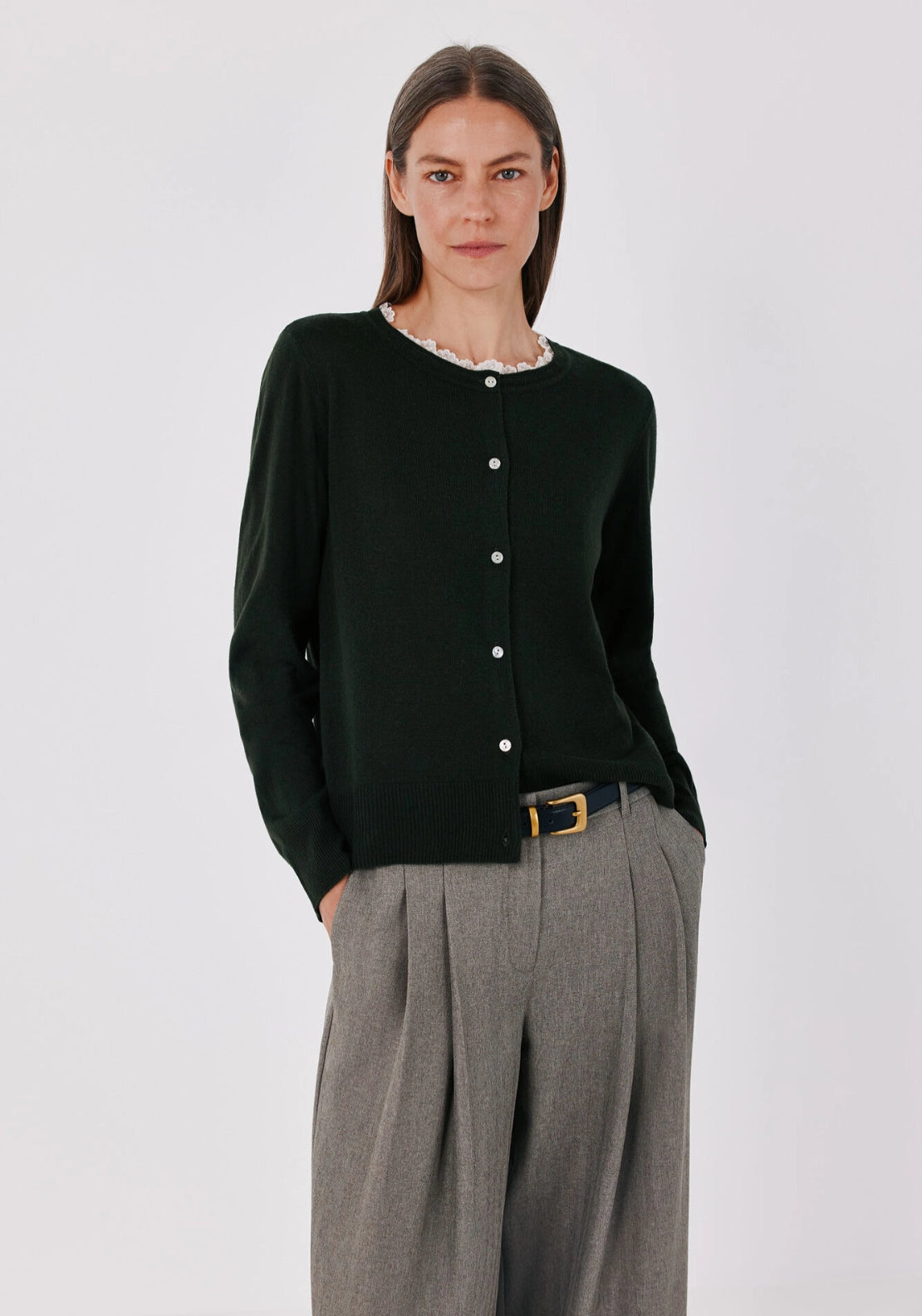Lace Neck Applique Cardigan - Dark Khaki